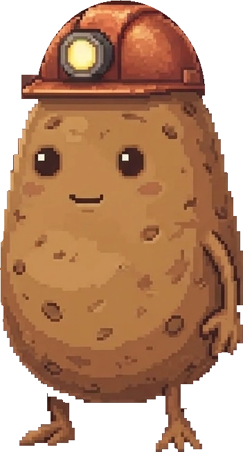 a potato in a copper mining helmet, waiting by the fryer
