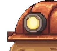 the copper helmet lamp, dented on the left side, still burning